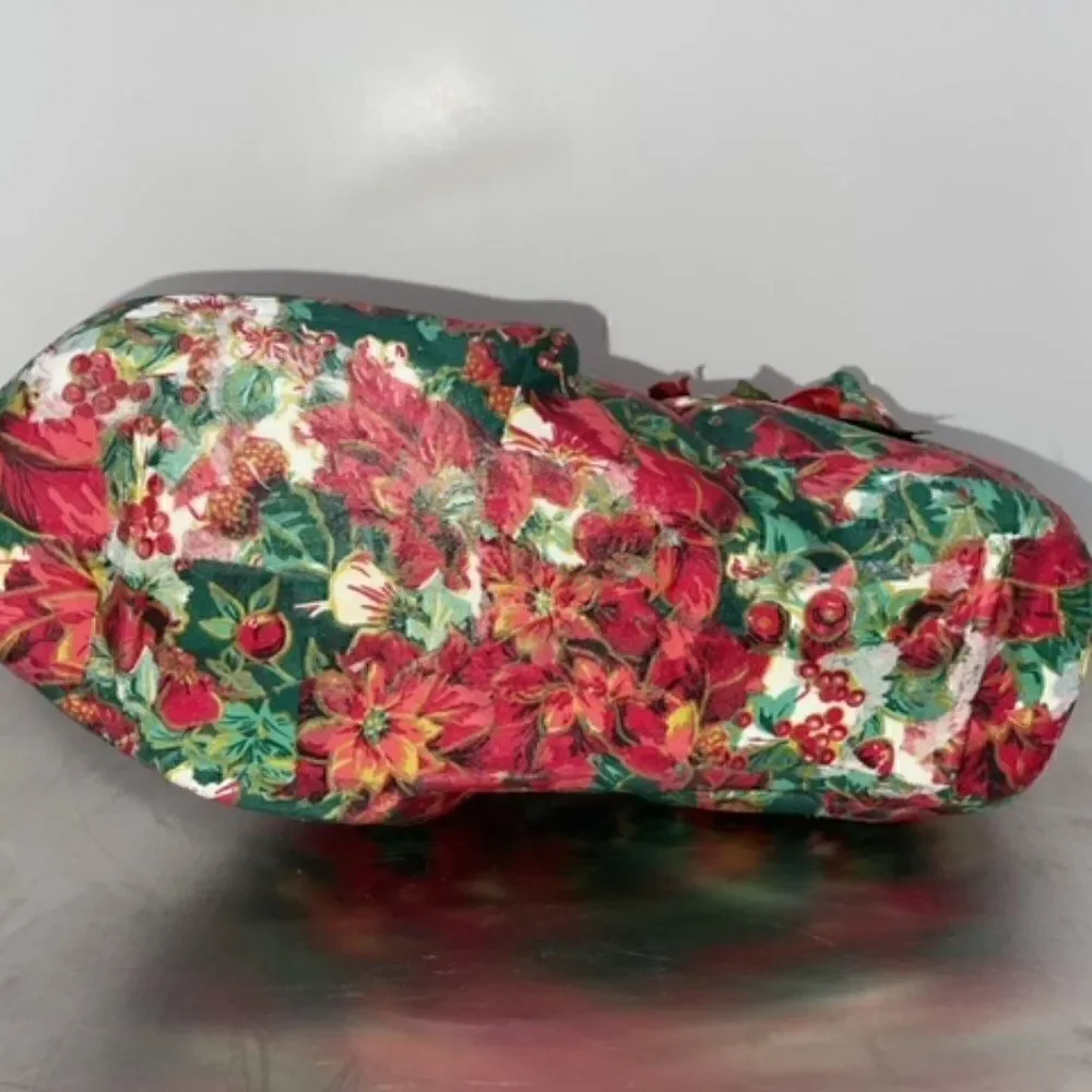 Large Paper Mache Christmas Cat Red Green White Gold Laying Down Roses Bow 12.25